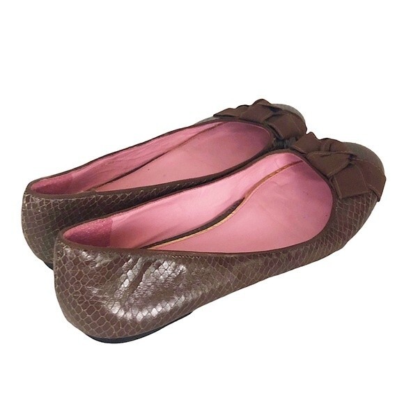 LILLY Pulitzer Brown Snakeskin Leather Ribbon Bow Slip On Ballet Flat - Picture 6 of 12